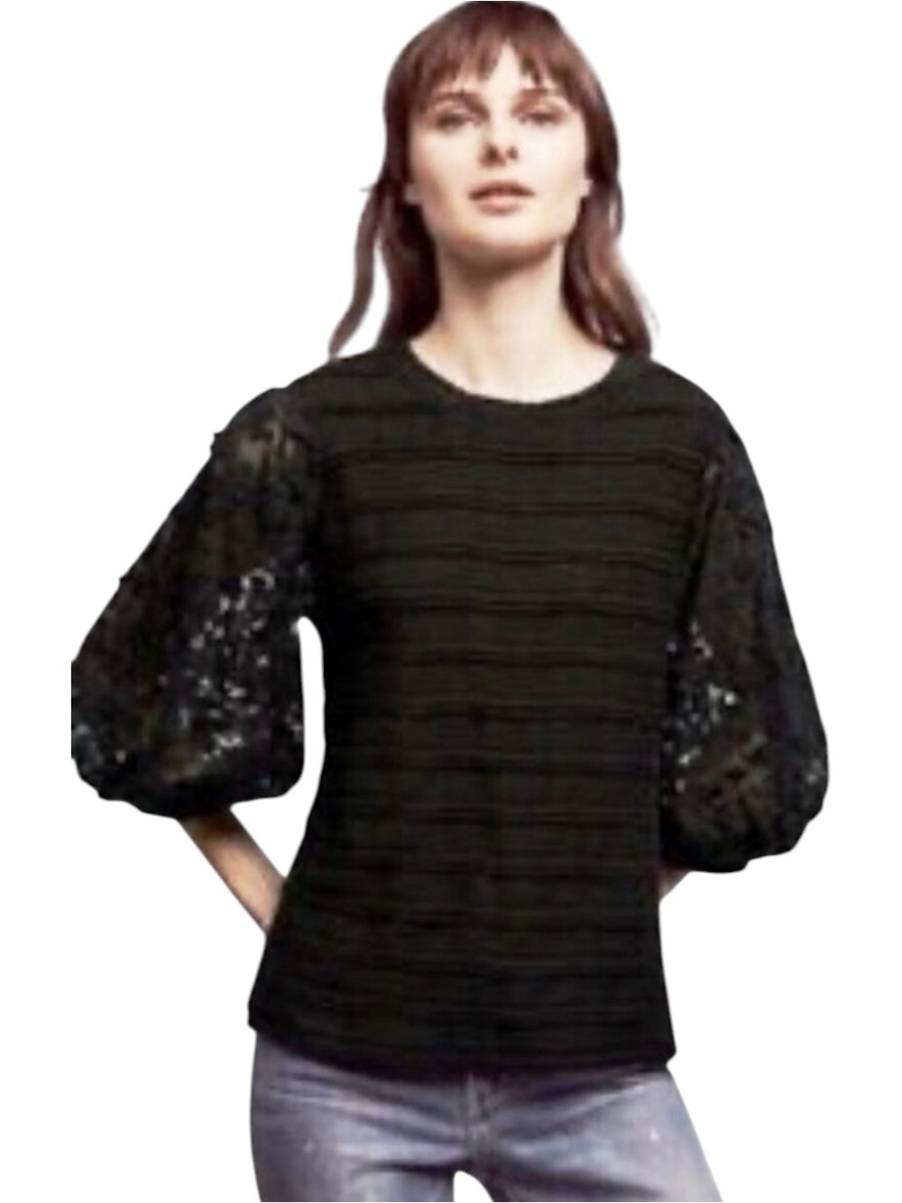 ANTHROPOLOGIE ERI + ALI Women’s Boho Black Mixed Media Puff Sleeve Top